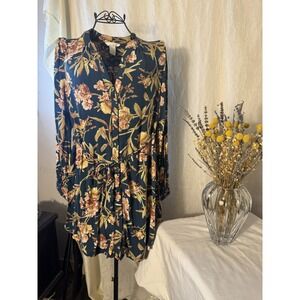H&M Mama Floral Maternity Tunic Women S Blue Ochre Excellent Boho Button Front